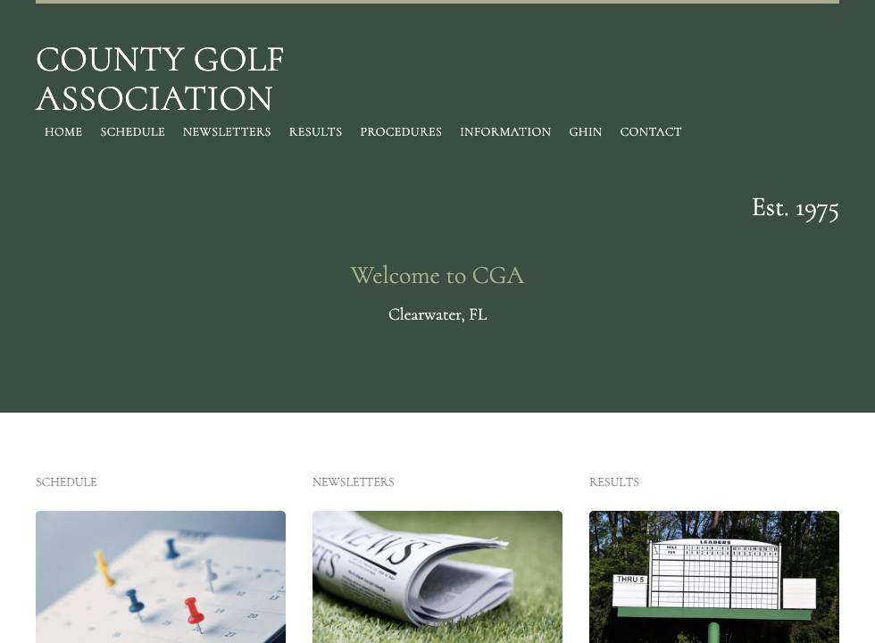 County Golf Association homepage with schedule, newsletters, and results