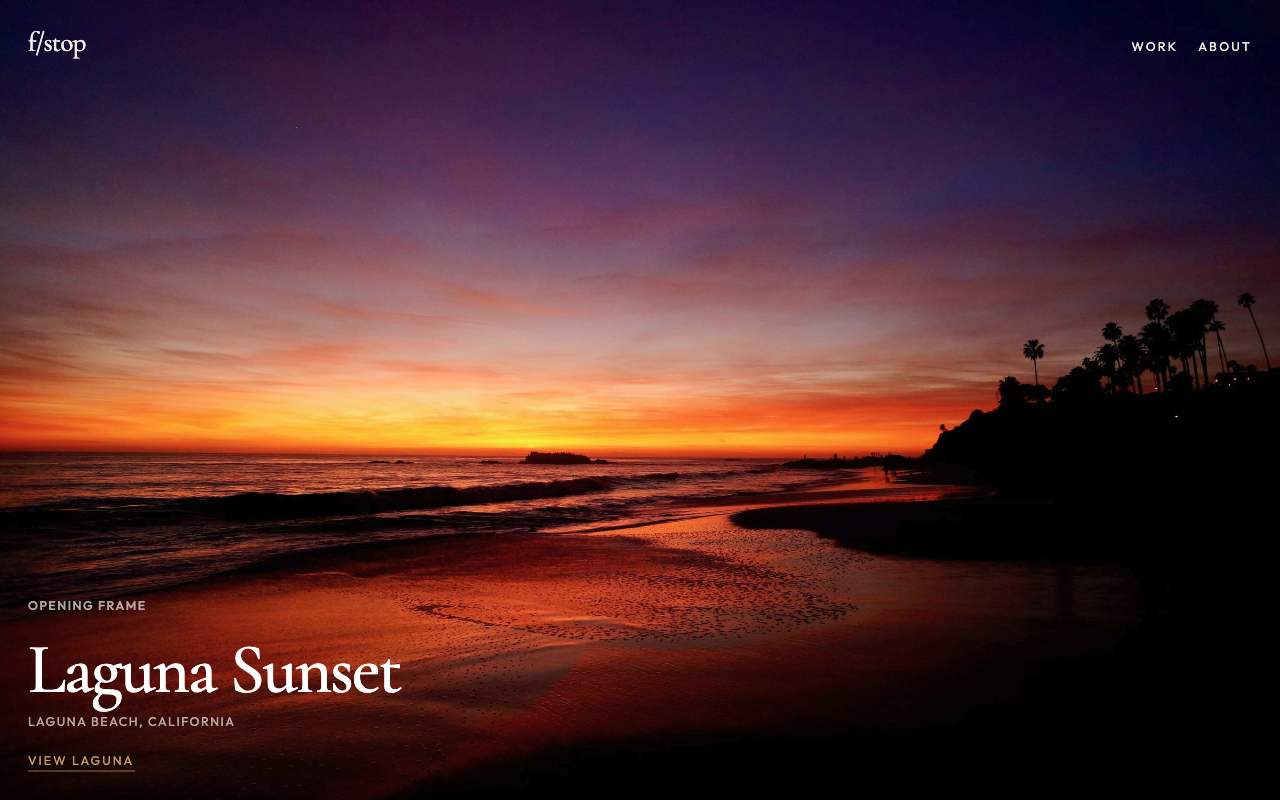 f/stop Photography homepage with a Laguna Sunset opening frame