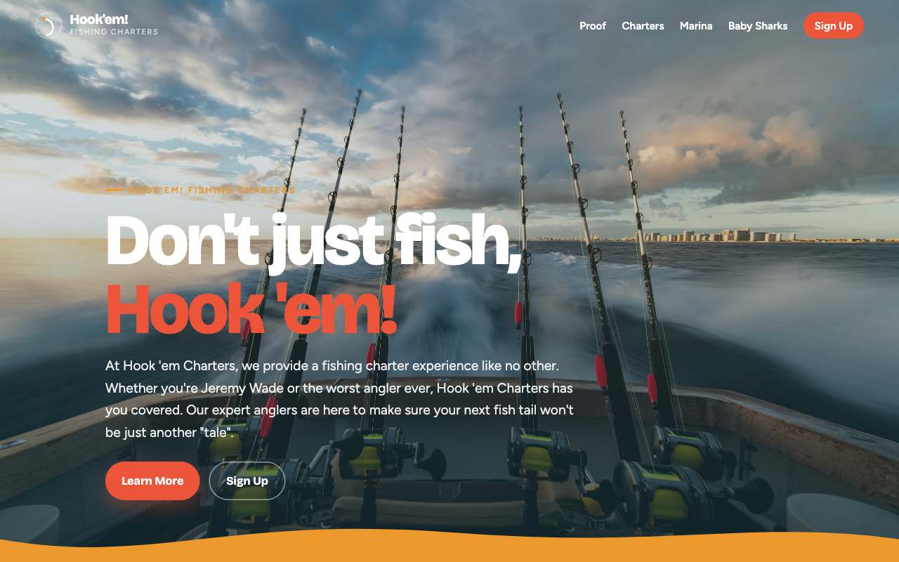 Hook'em Fishing Charters homepage with fishing rods on a boat heading toward the city skyline