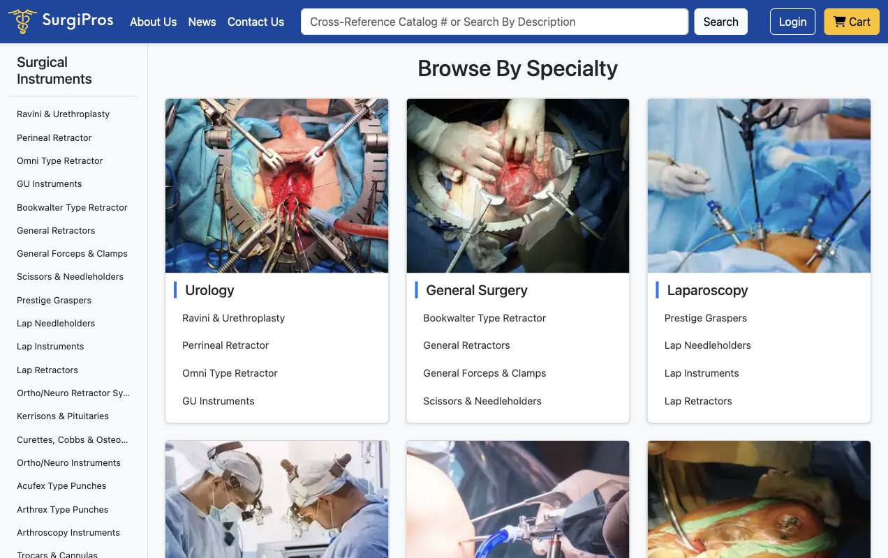 SurgiPros catalog homepage browsing surgical instruments by specialty